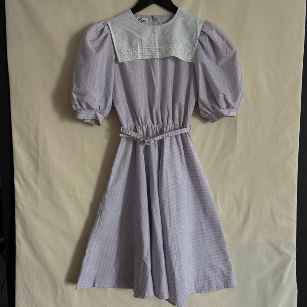 VTG 80s Byer Too Pink Teal Striped Prairie Puff Sleeve Dress - Size XS